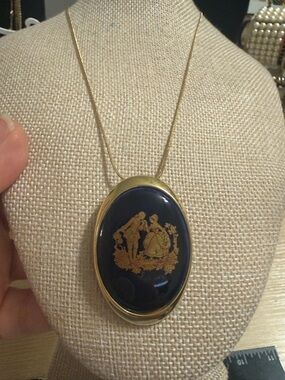 Limoges Gold-Tone and Navy Oval Pendant Necklace